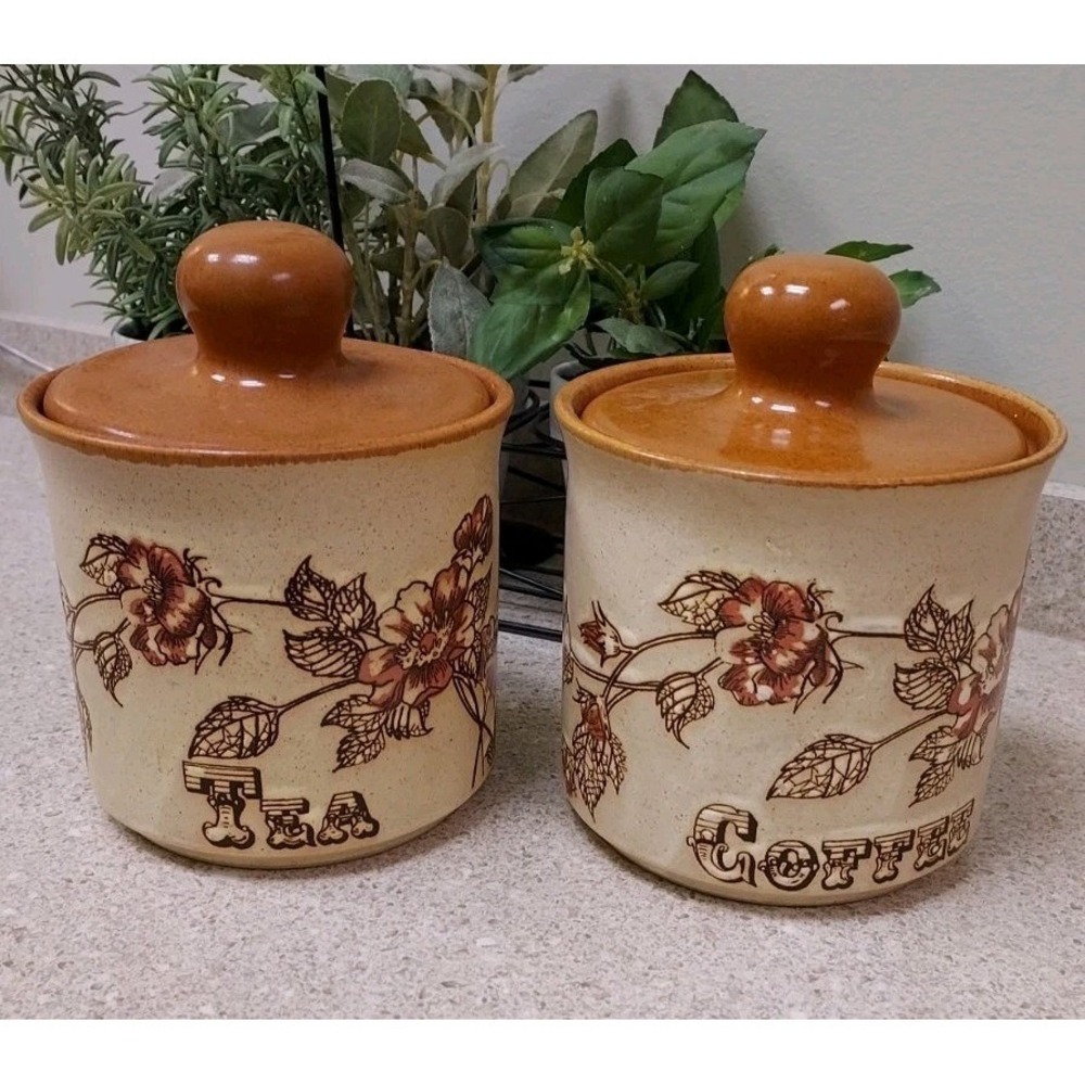 Vintage Canister Set Beige Brown Floral Stoneware Tea Coffee 2pc Retro England